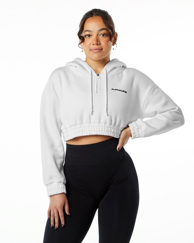 Alphalete Brushed Fleece Half-Zip Crop Hoodie Hvide | CQZFG2356