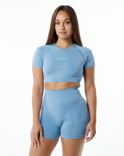 Alphalete Cropped Seamless Kort Sleeve Washed Denim | SGAWP0672