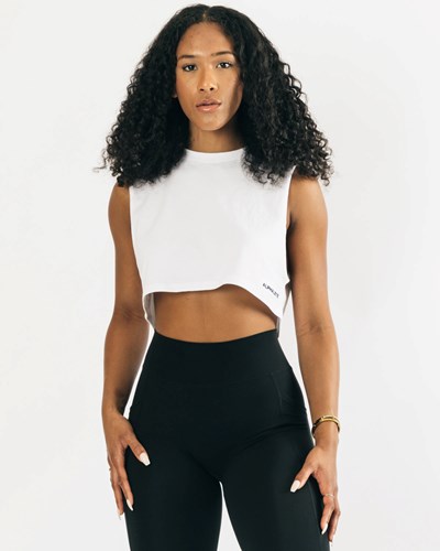 Alphalete Heavy Bomulds Cropped Cutoff Hvide | GXLOS7596