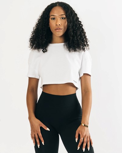 Alphalete Heavy Bomulds Dropped Shoulder Crop Hvide | ATSEJ5690