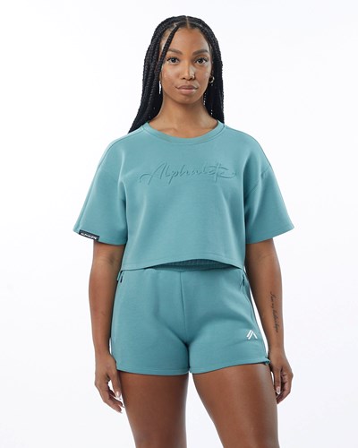 Alphalete Interlock Knit Crop Pullover Teal | DGBZF0245