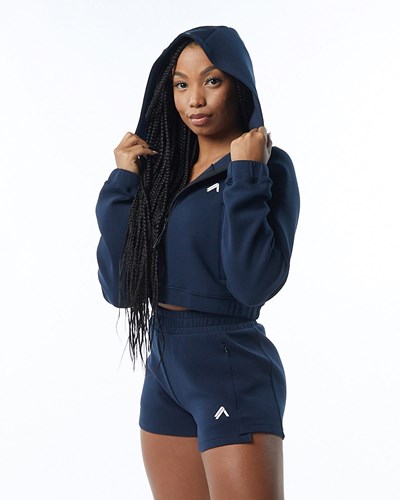 Alphalete Interlock Knit Crop-Zip Hoodie Mørkeblå | DPSHW8654