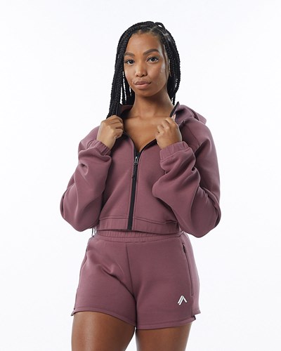 Alphalete Interlock Knit Crop-Zip Hoodie Mauve | JYXVC3659