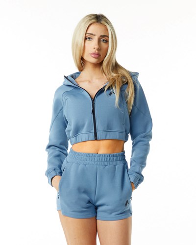 Alphalete Interlock Knit Crop-Zip Hoodie Blå | XBJAU5192