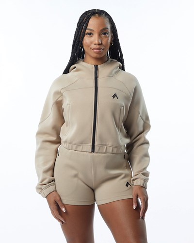 Alphalete Interlock Knit Crop-Zip Hoodie Tan | ZHRAM3481