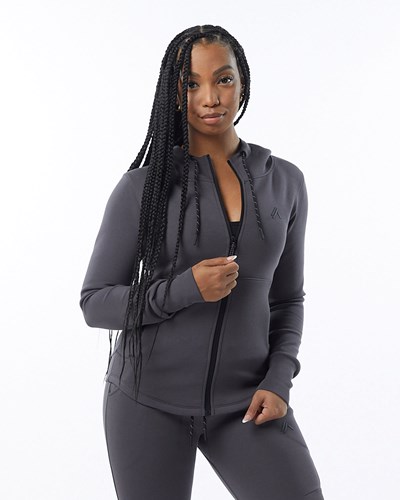 Alphalete Interlock Knit Full-Zip Hoodie Charcoal | DJRHY5312