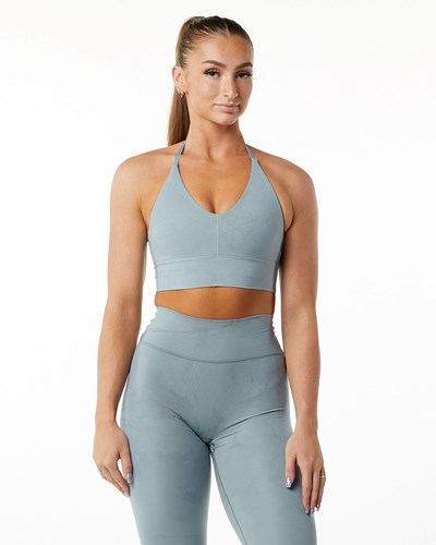 Alphalete Medium-Impact Luxury Sports Bra Washed Denim | NJWUR0379