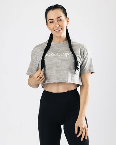 Alphalete Oversized Raw-Cut Kort Sleeve Crop Sølv Camo | BDCLT1658