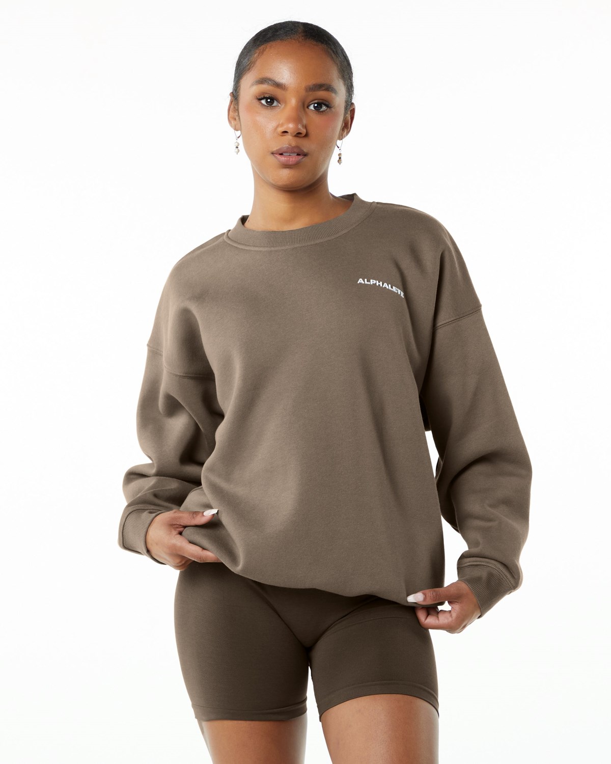 Alphalete Brushed Fleece Crewneck Sweater Mocha | EVMGY1736