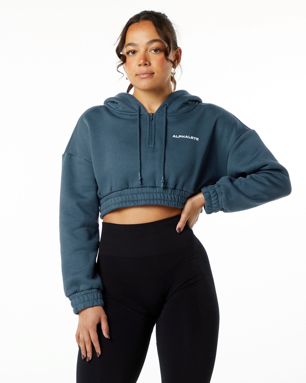 Alphalete Brushed Fleece Half-Zip Crop Hoodie Blå | PUAGH7452