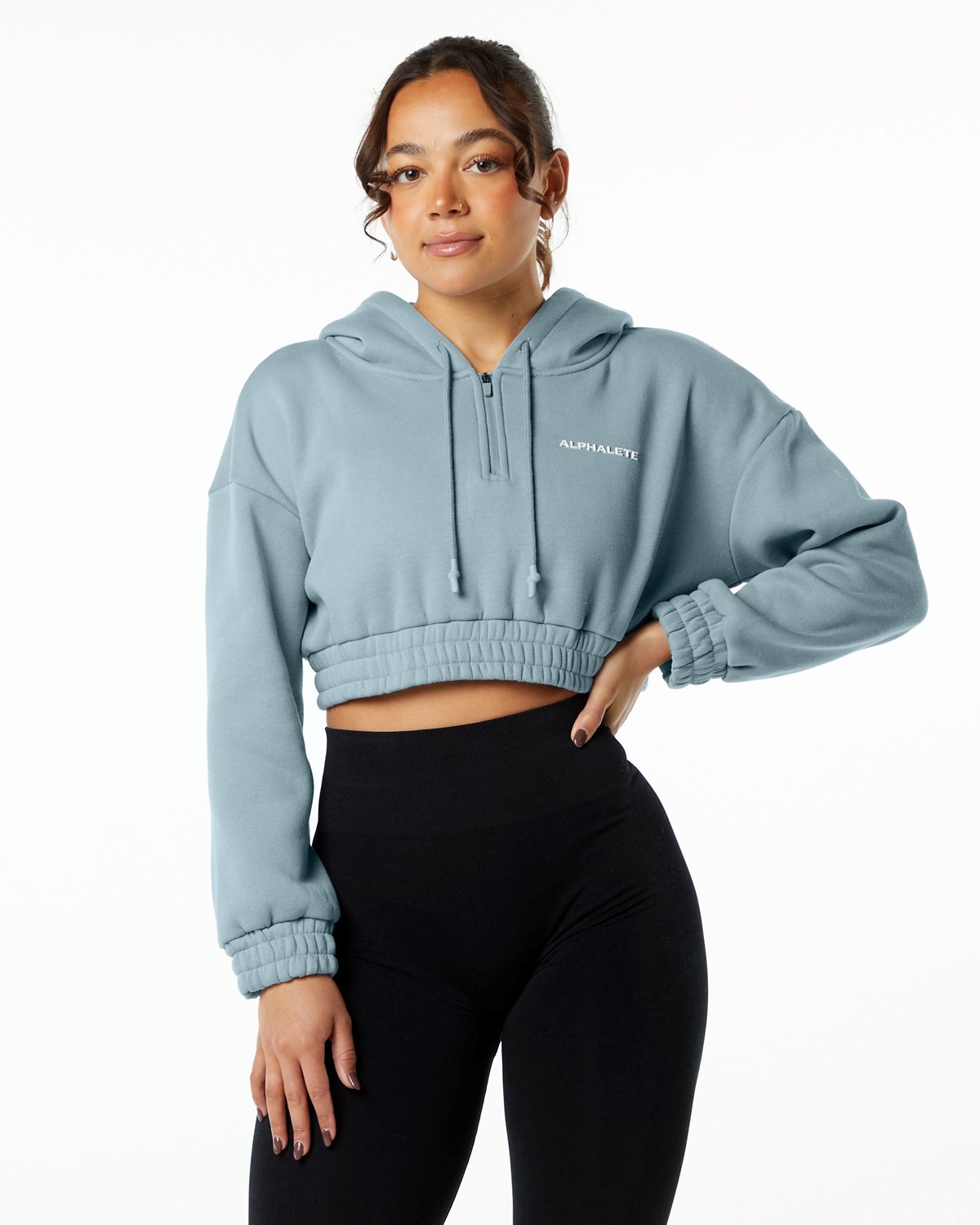 Alphalete Brushed Fleece Half-Zip Crop Hoodie Blå | PWXED1857