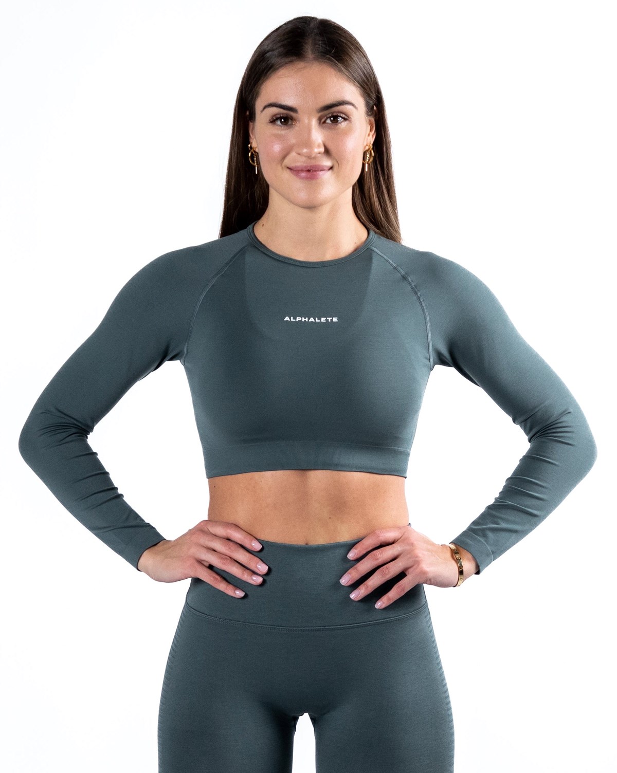 Alphalete Cropped Seamless Long Sleeve Charcoal | VLJWD3976