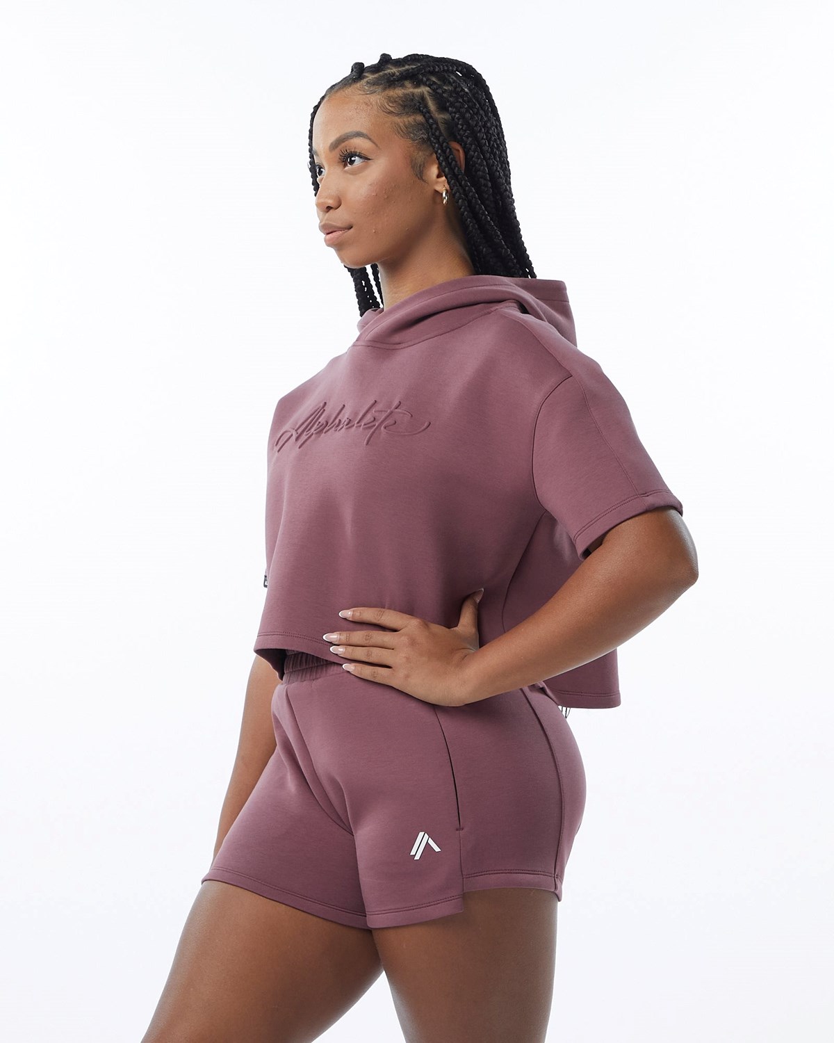 Alphalete Interlock Knit Crop Hoodie Mauve | BWJTL8309