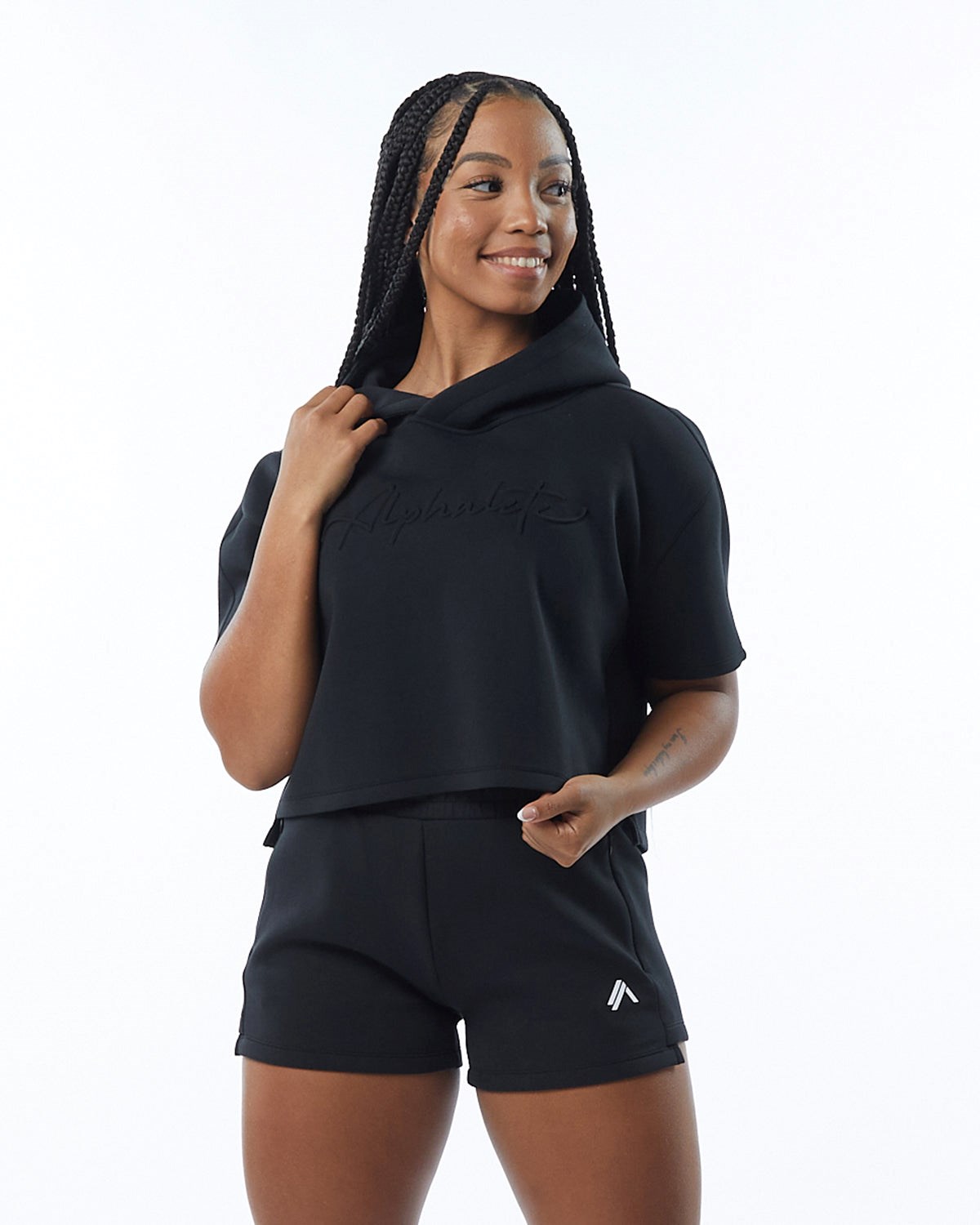 Alphalete Interlock Knit Crop Hoodie Sort | FTIQG4387