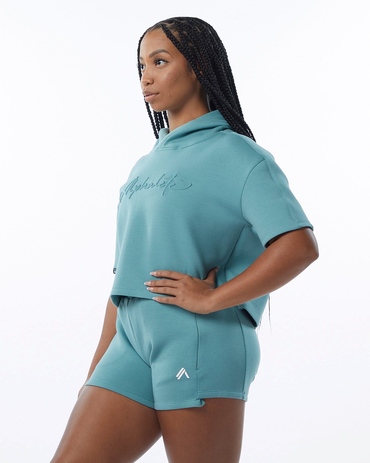 Alphalete Interlock Knit Crop Hoodie Teal | YCWIU4601