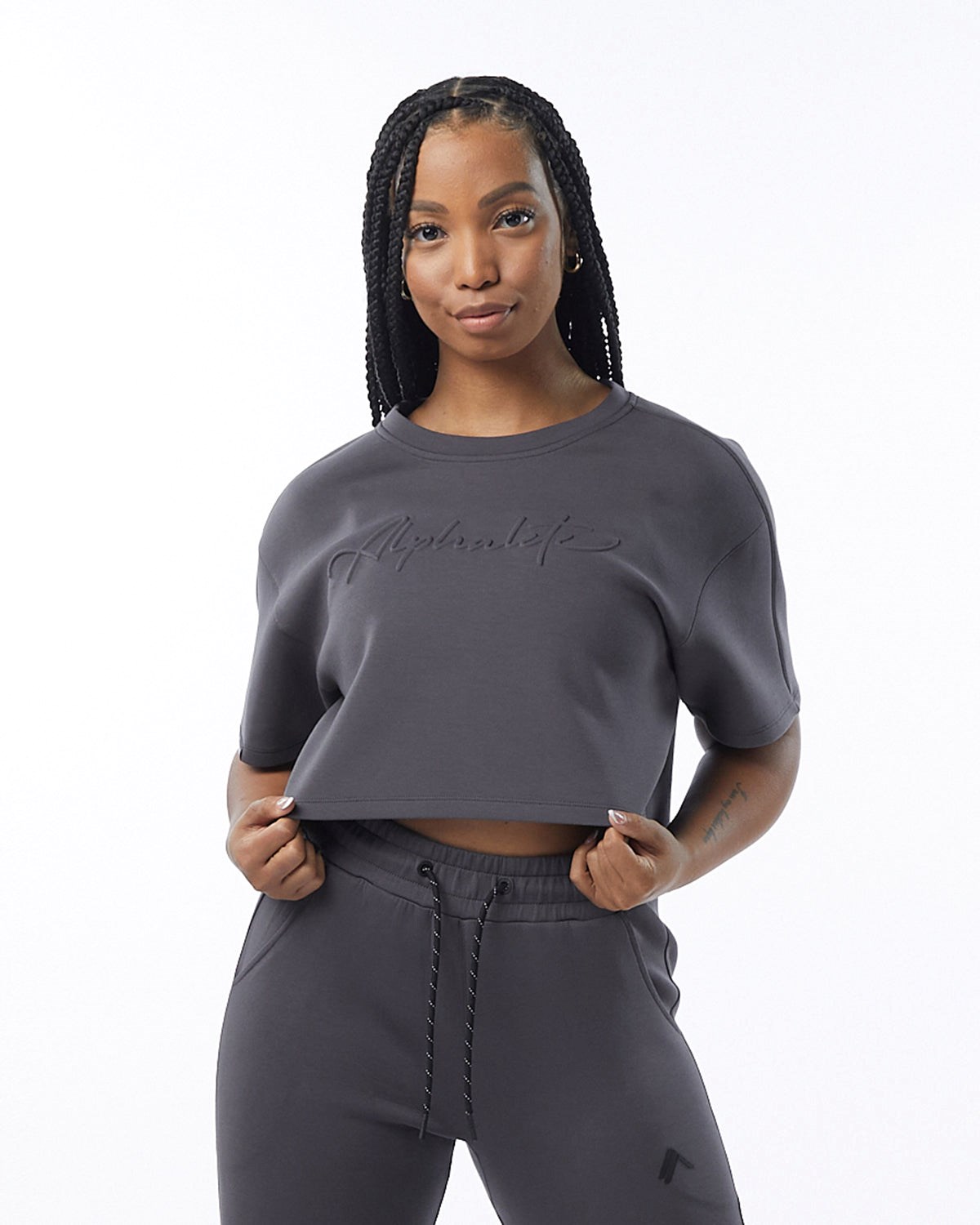 Alphalete Interlock Knit Crop Pullover Charcoal | OICFX2079