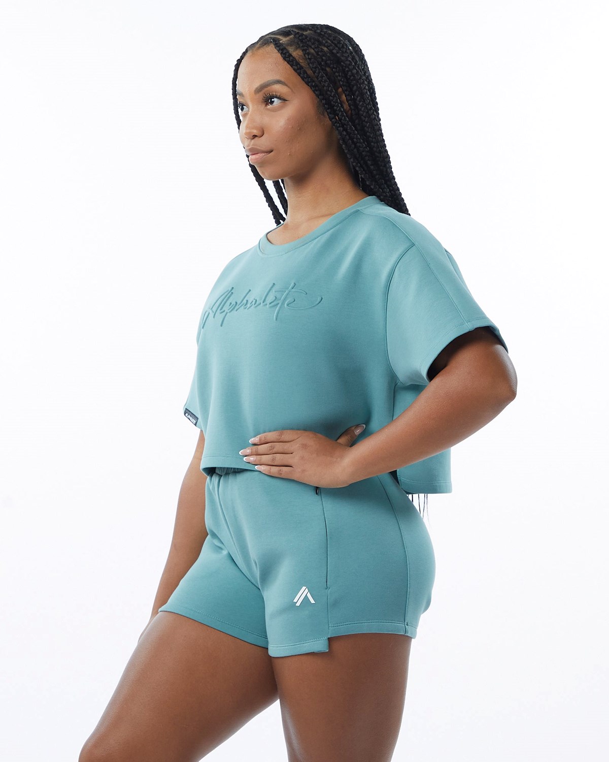 Alphalete Interlock Knit Crop Pullover Teal | DGBZF0245