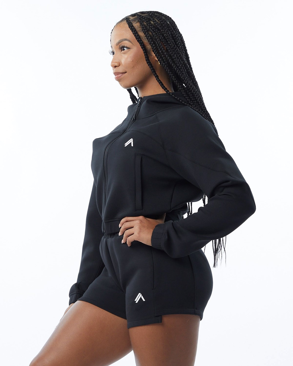 Alphalete Interlock Knit Crop-Zip Hoodie Sort | QSIDR6985