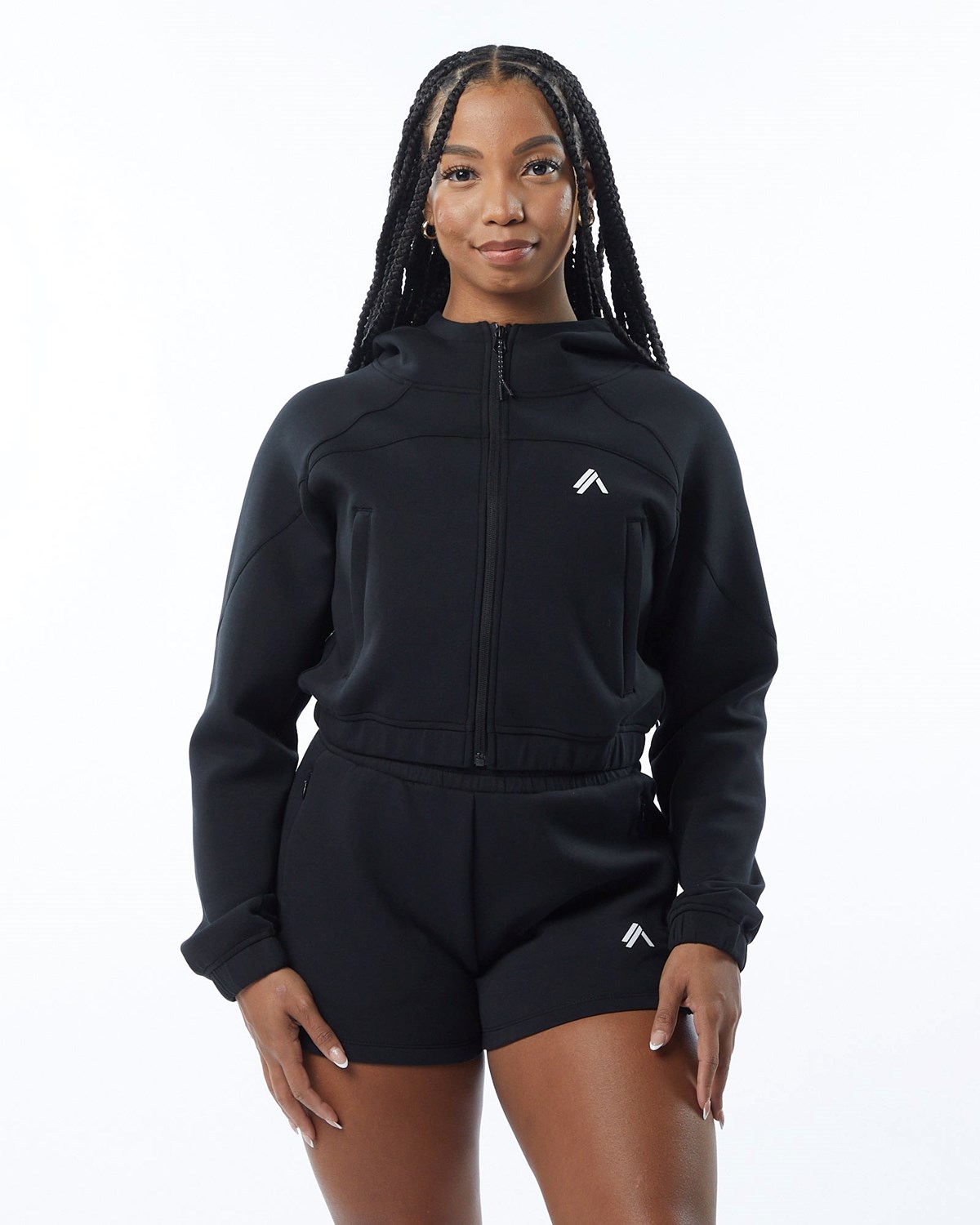 Alphalete Interlock Knit Crop-Zip Hoodie Sort | QSIDR6985