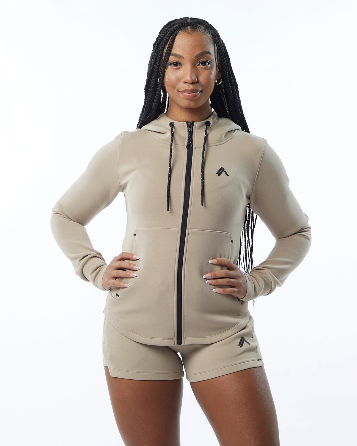 Alphalete Interlock Knit Full-Zip Hoodie Tan | XQANZ6518